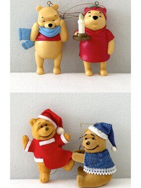 4 Vintage Disney WINNIE THE POOH Christmas Ornaments Flocked Nightcap Stocking
